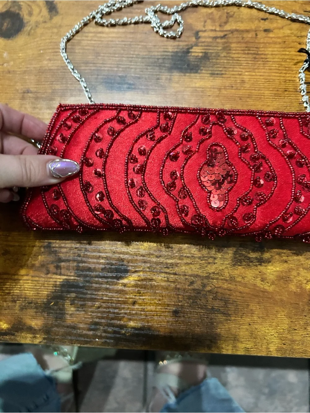 Bijoux Terner Red Beaded Evening Clutch with Chain